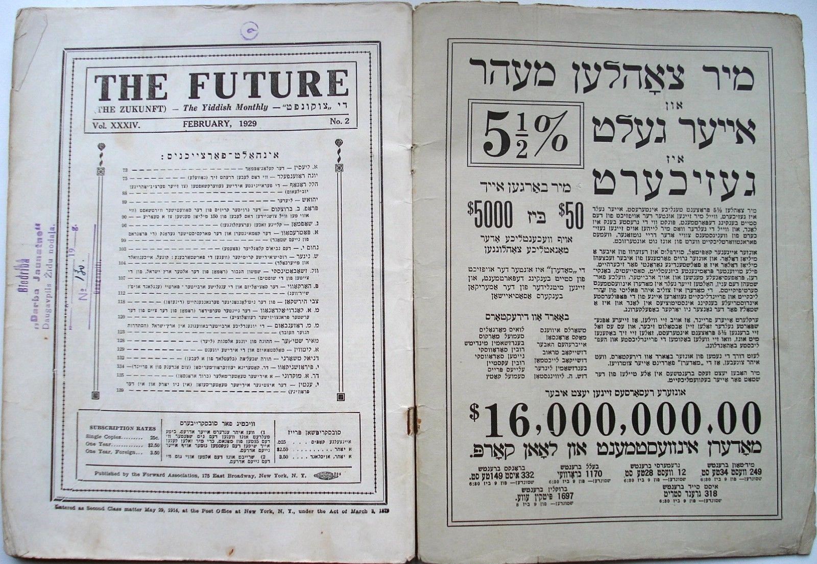 1929 Die Zukunft Yiddish Journal The Future Original February 1929 Issue