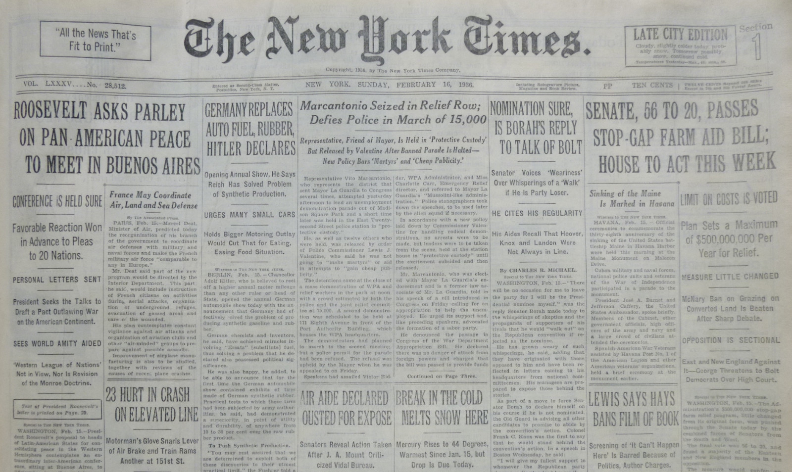 2-1936 February 16 MARCANTONIO SEIZED IN RELIEF ROW, GERMANY REPLACES AUTO FUEL
