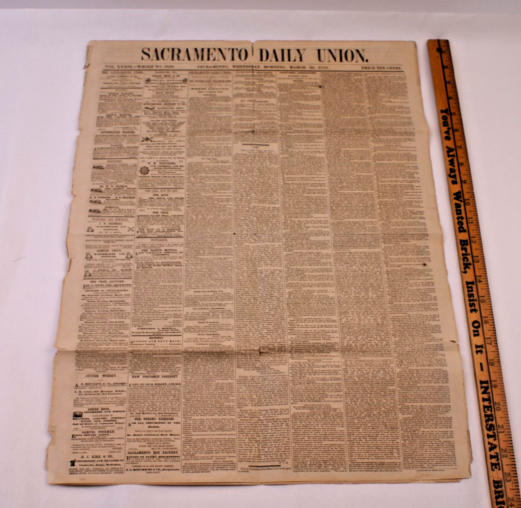 1870 CALIFORNIA SACRAMENTO DAILY UNION NEWSPAPER – ANTIQUE ORIGINAL