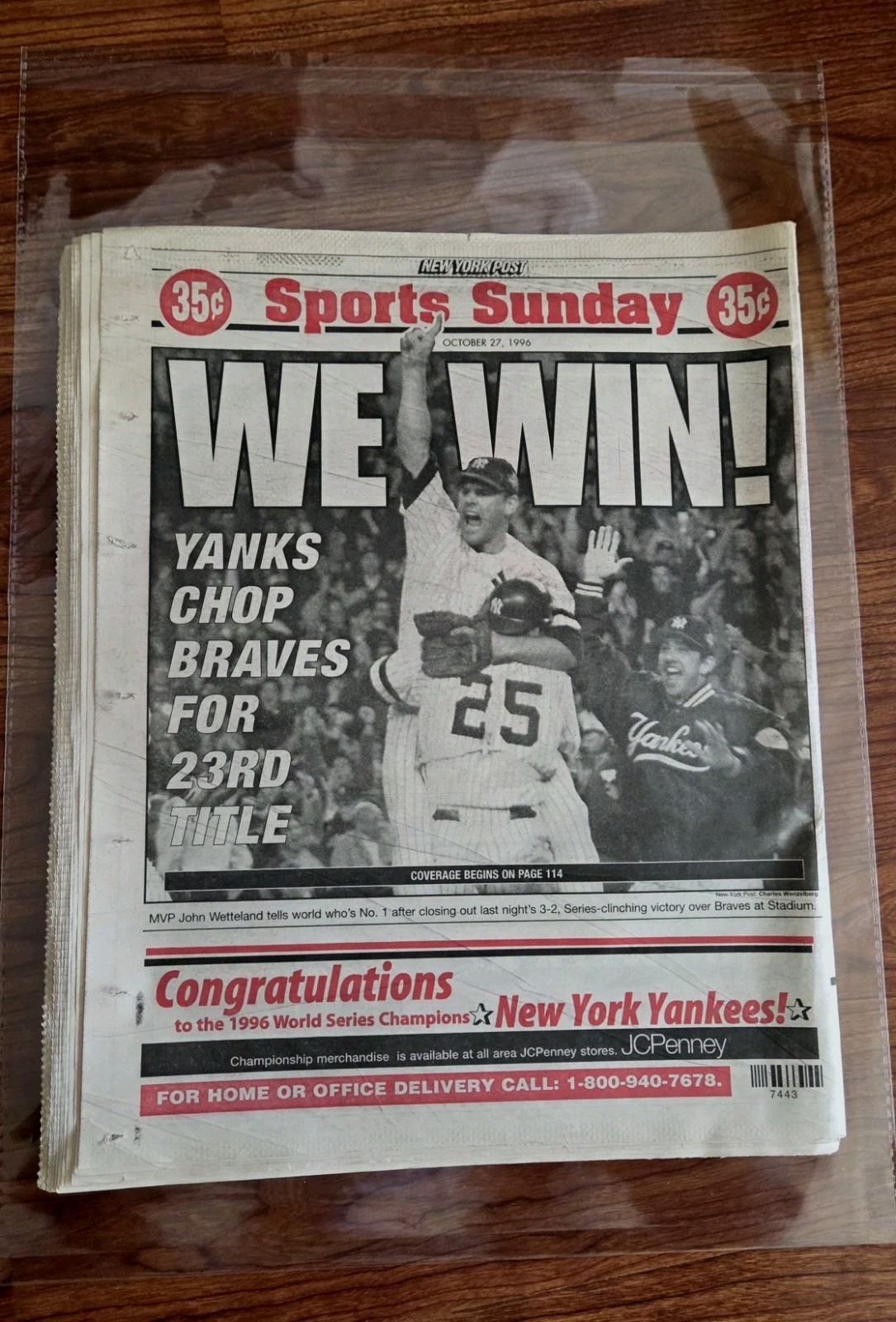 NY YANKEES WORLD SERIES CHAMPS 10/27/1996 NY POST .. FRAME IT!!