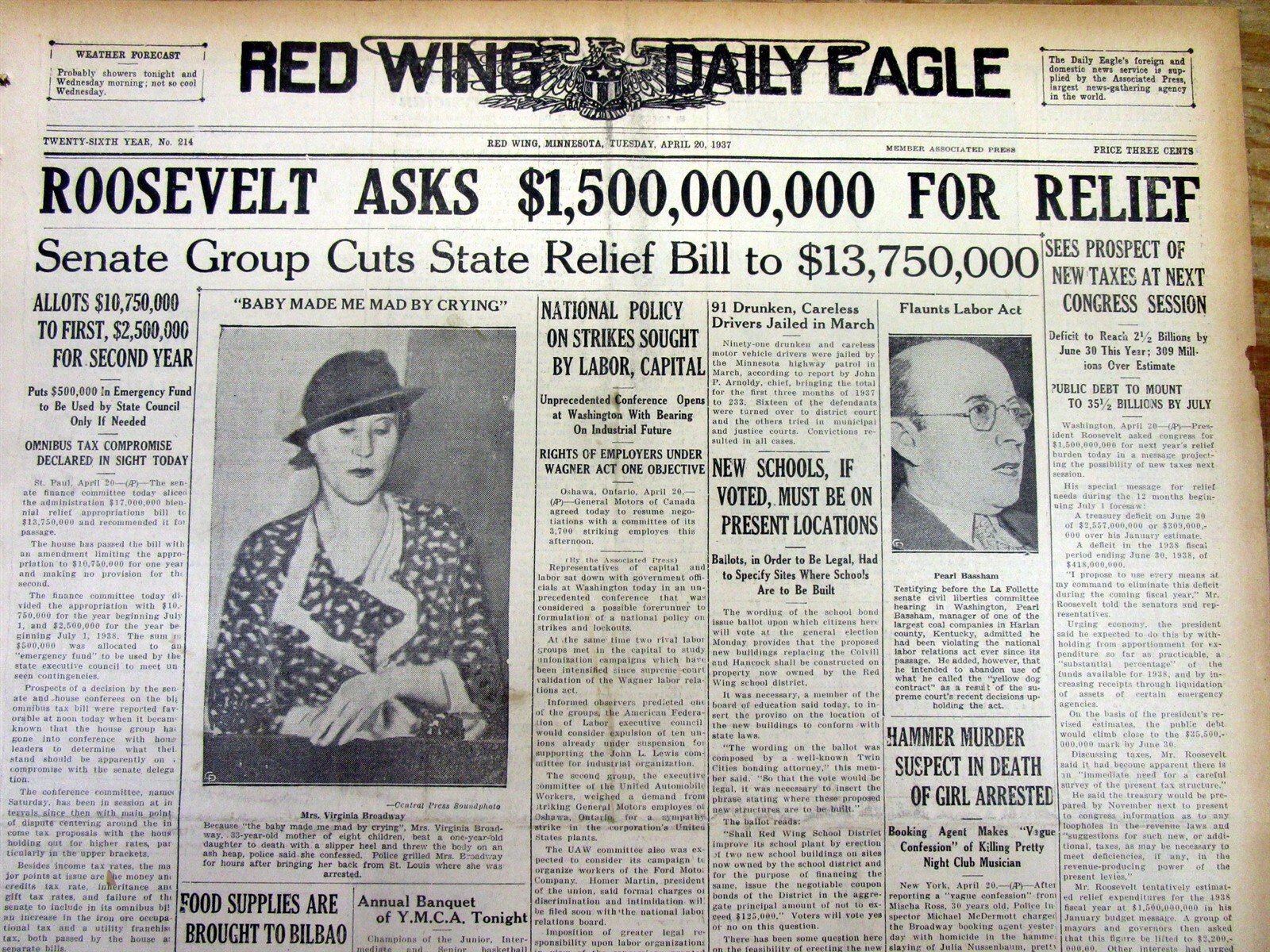 1937 hdlne newspaper President FD Roosevelt attempt to END THE GREAT DEPRESSION