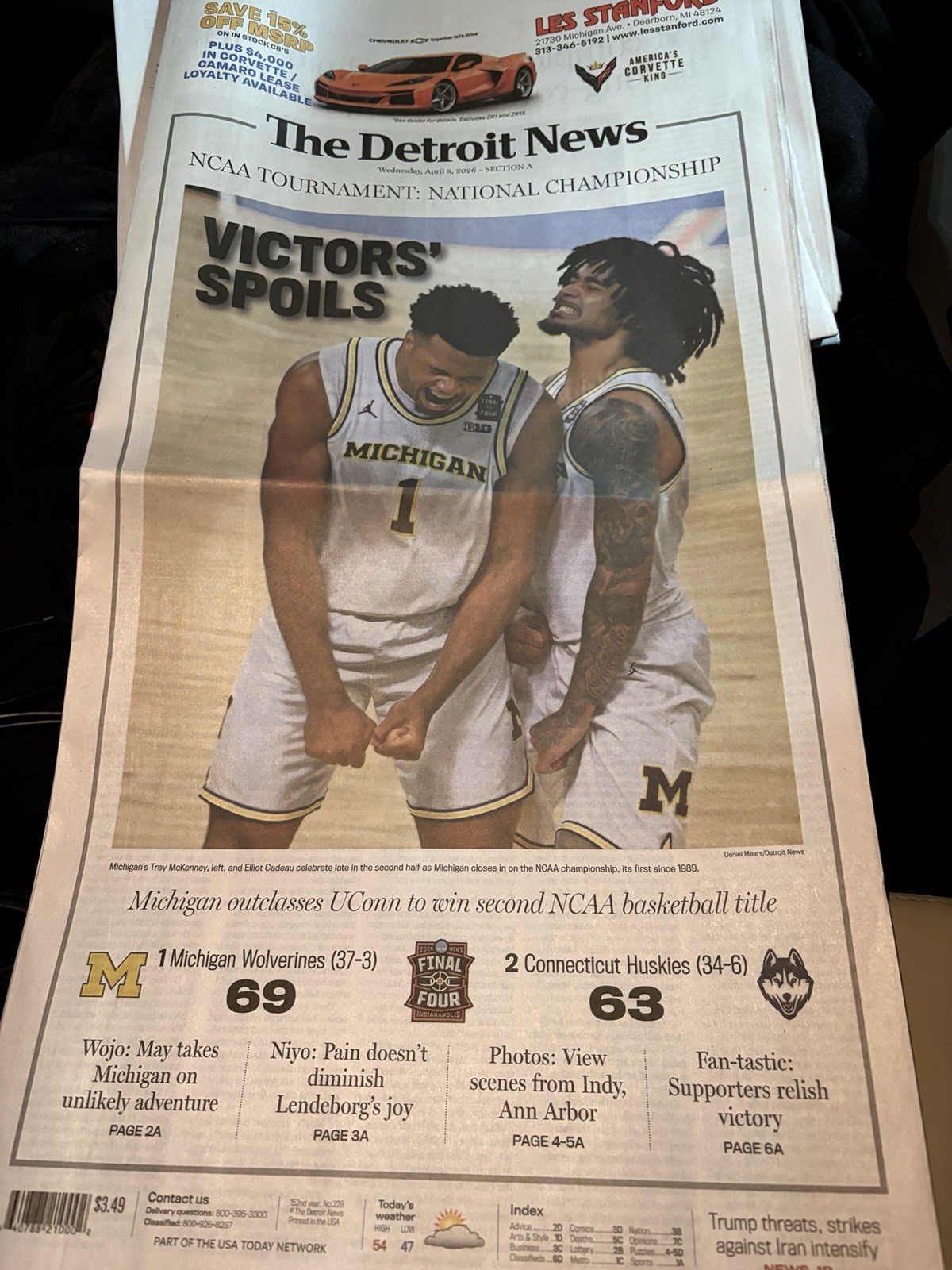 Detroit News & Free Press 2026 Michigan Basketball National Champions Newspaper