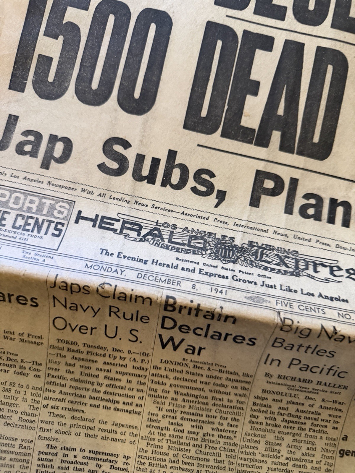 Los Angeles Examiner Newspaper EXTRA December 8, 1941 WAR DECLARED BY US PEARL H