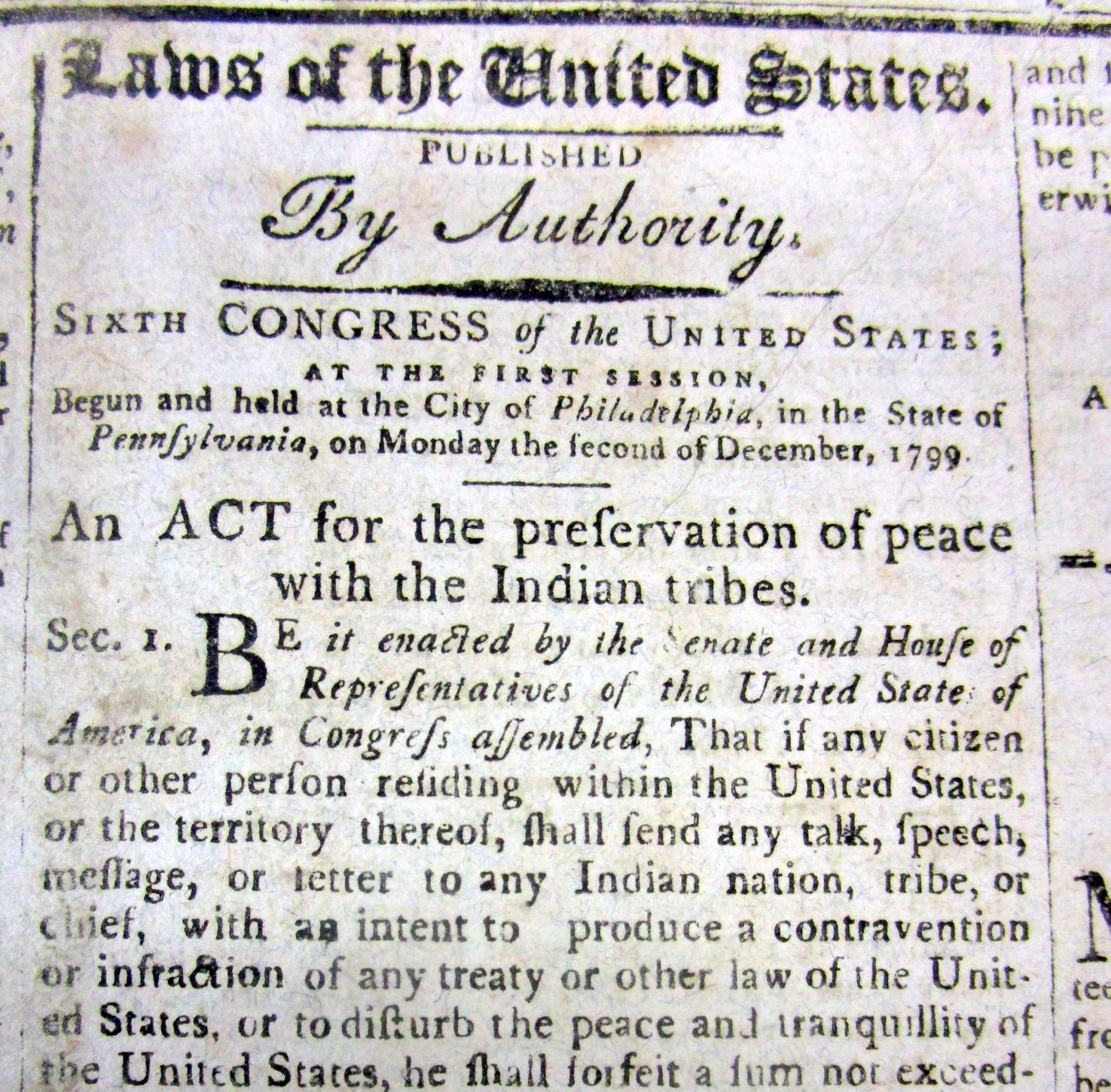 1800 newspaper w ACT establ RELATIONS between US & NATIVE AMERICAN INDIAN TRIBES