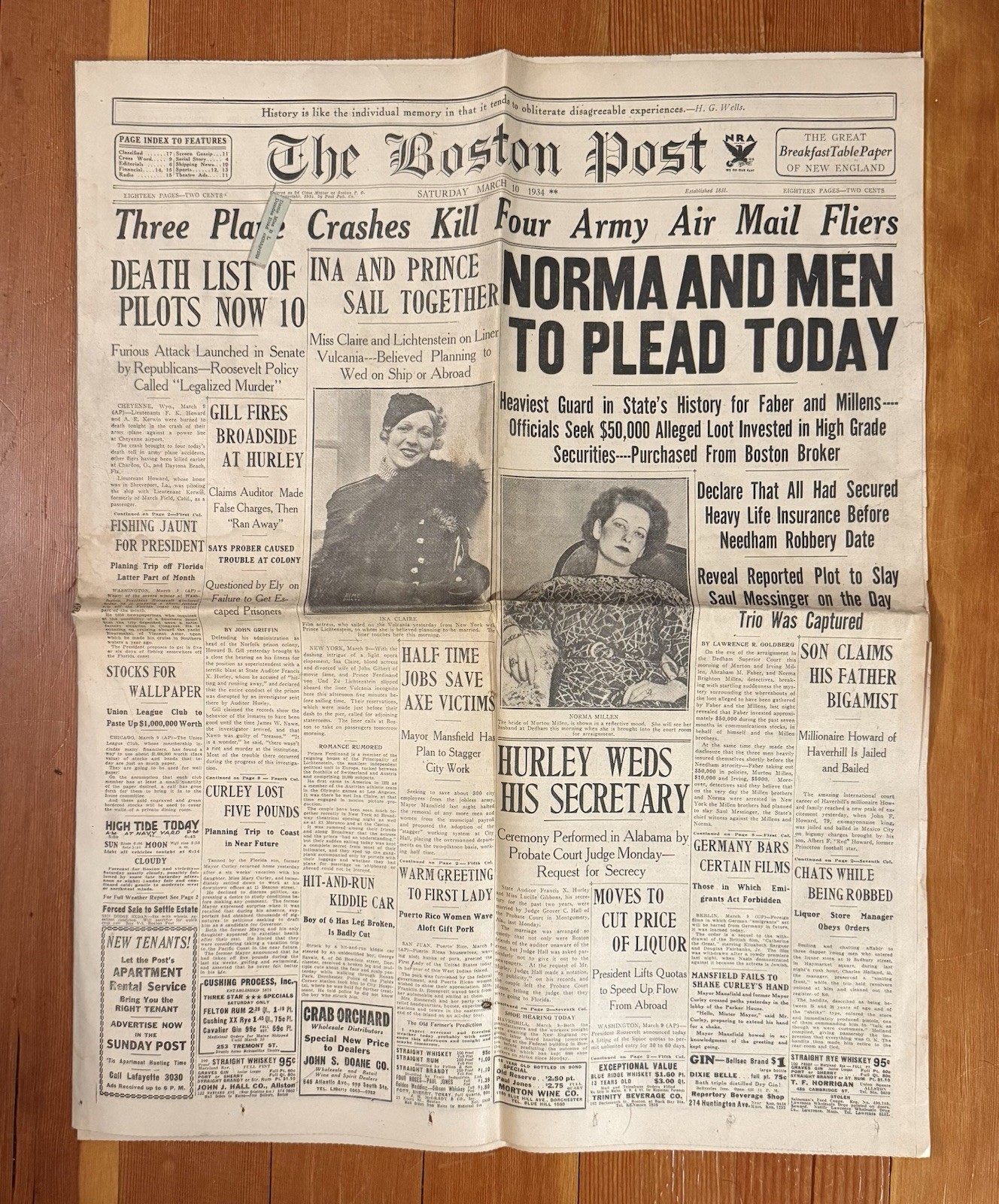 The Boston Post Saturday March 10th 1934 Newspaper Plane Crash Army Air Mail