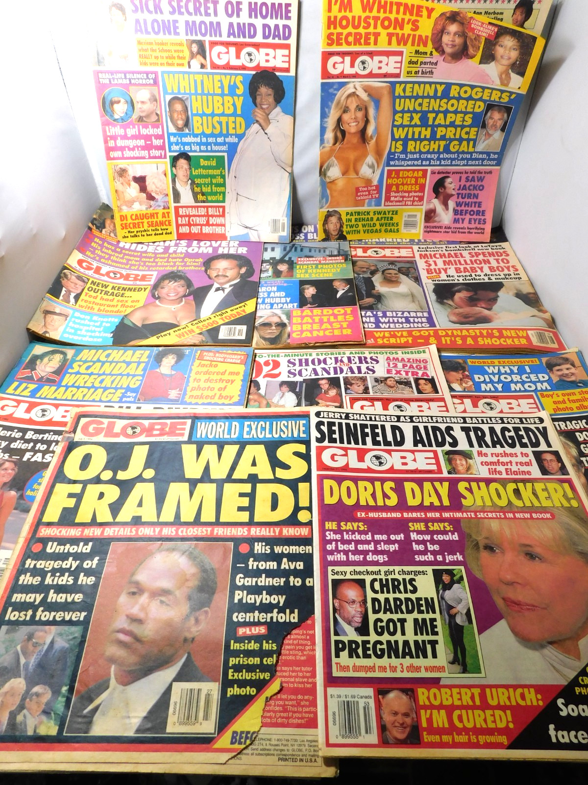 Lot of 10 The GLOBE Tabloid Magazines/Newspapers Issues 1991-1996