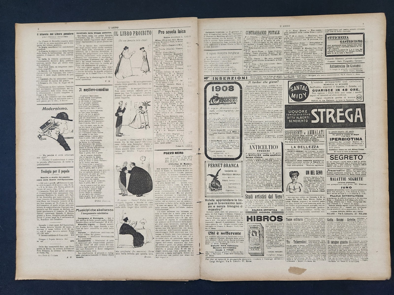 1908 antique L’ASINO socialist anti-catholic satire 4 issues ITALIAN NEWSPAPERS