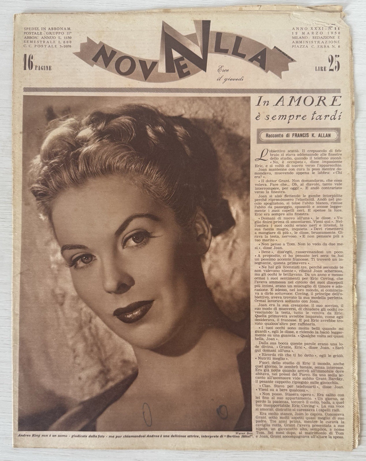 NEWS women’s literary magazine rizzoli No.11 1950 year XXXI andrea king