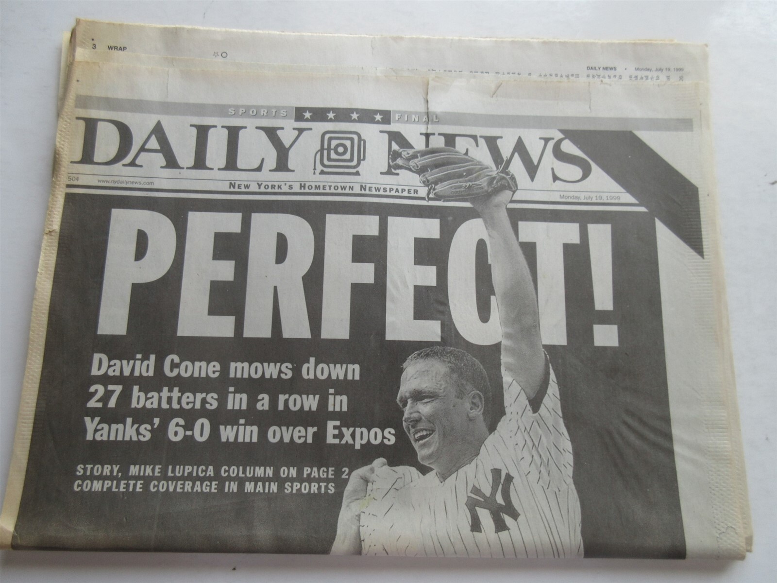 David Cone Perfect Game New York Daily News newspaper July 19 1999 JFK Jr dead
