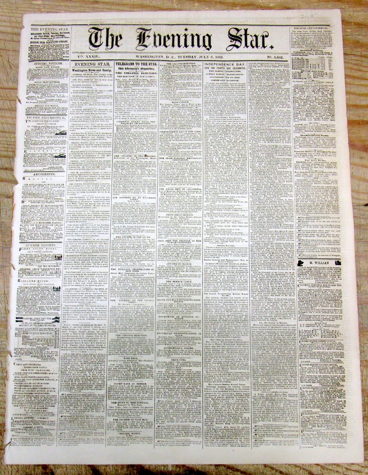 1869 Washington DC newspaper July 4th INDEPENDENCE DAY celebration 155 years ago