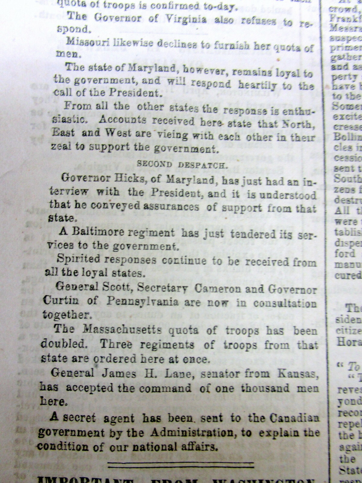 1861 Civil War newspaper THE STATE of MARYLAND REMAINS LOYAL to the UNION