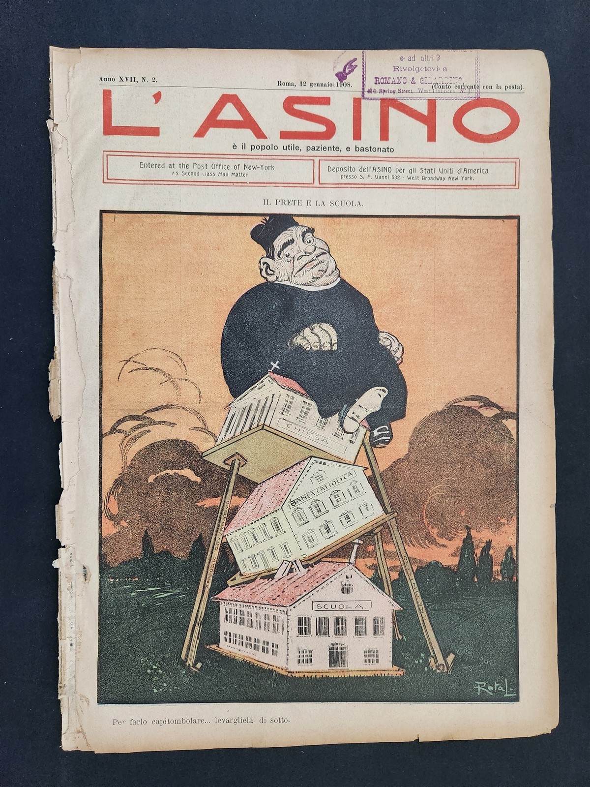 1908 antique L’ASINO socialist anti-catholic satire 4 issues ITALIAN NEWSPAPERS