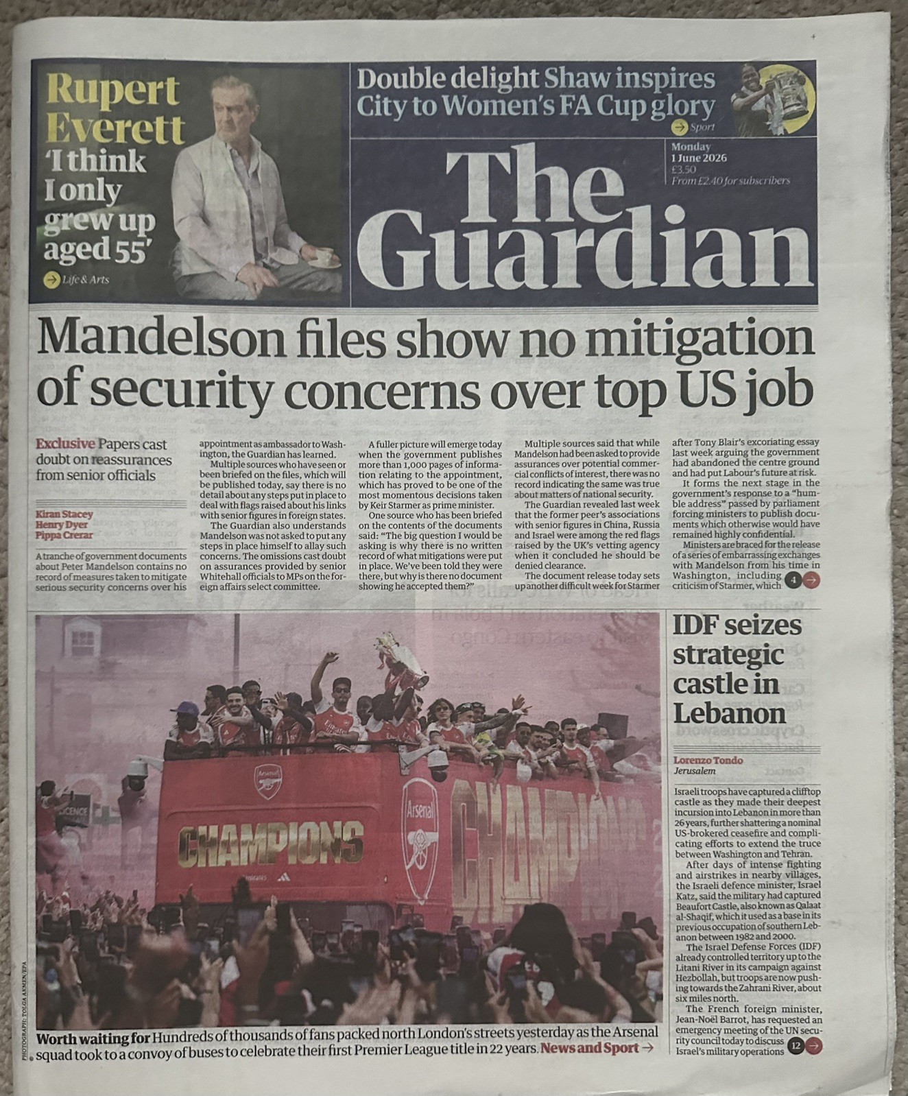 The Guardian 1st June 2026 1/6/26 Arsenal Champions Parade & Rupert Everett