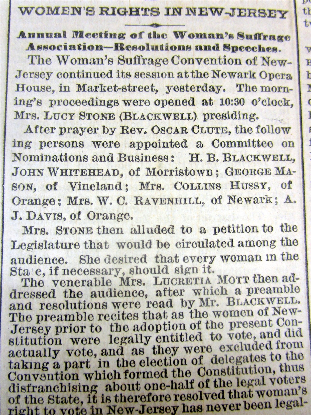 1869 NY Times newspaper with a WOMEN’S RIGHTS SUFFRAGE CONVENTION in NEW JERSEY