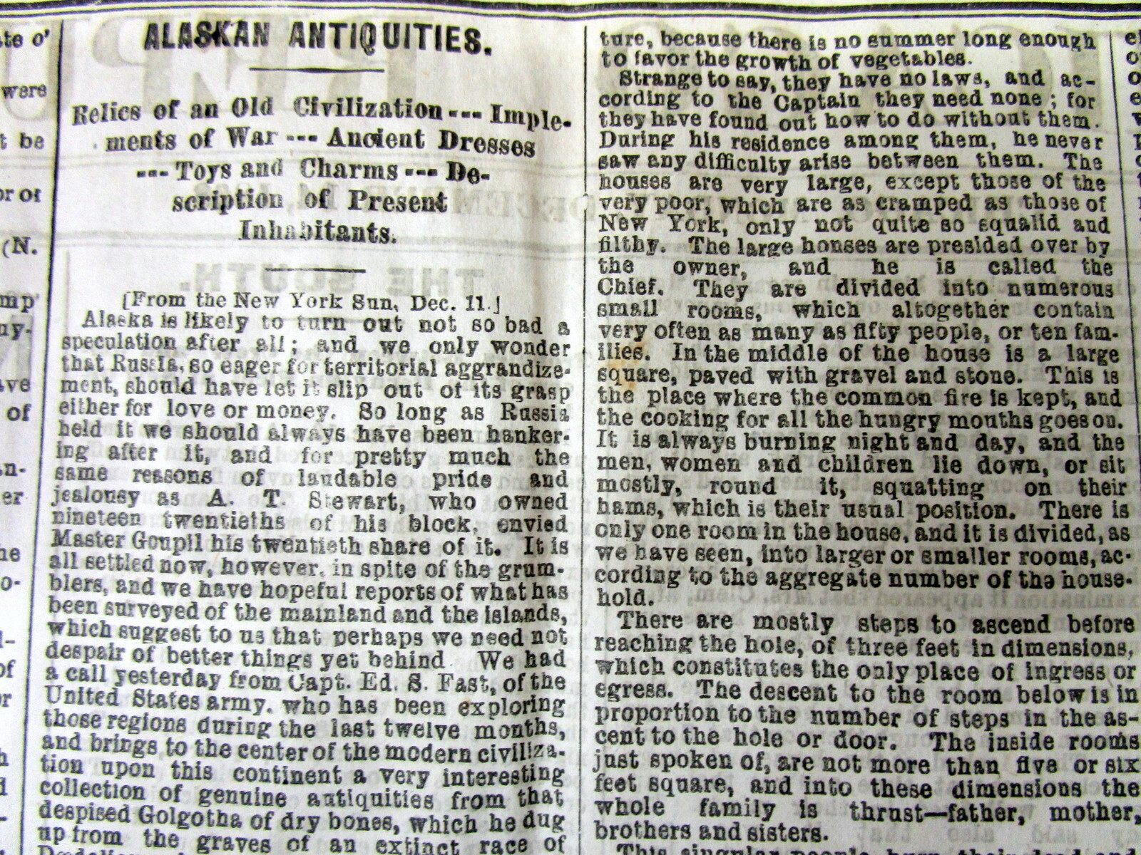 1868 newspaper w long essay describing ALASKA &its NATIVE AMERICAN INDIAN people