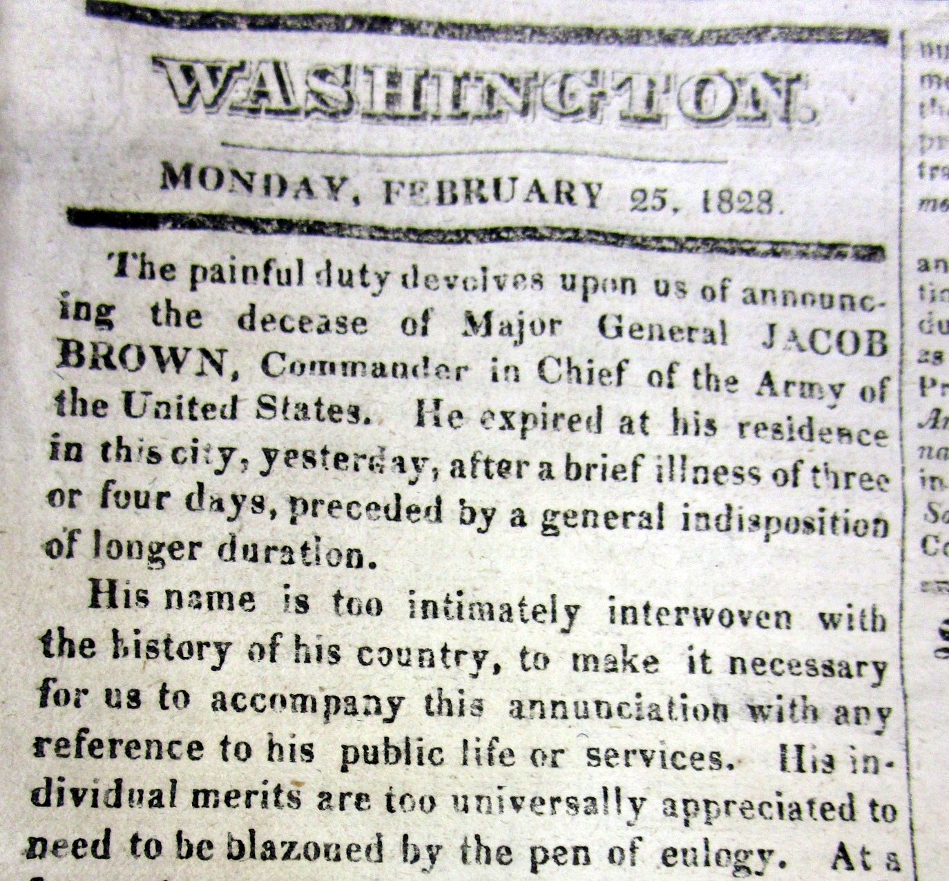 2 1828 newspapers w DEATH of War of 1812 US ARMY GENERAL JACOB BROWN Bucks Co PA