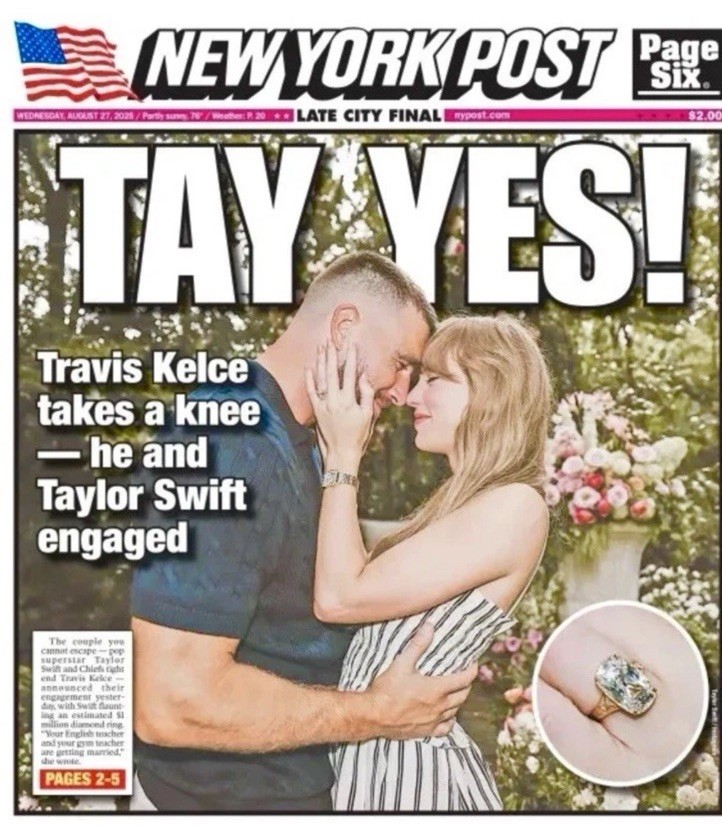 Taylor Swift Travis Kelce Engagement Ring New York Post Newspaper Wedding MSG