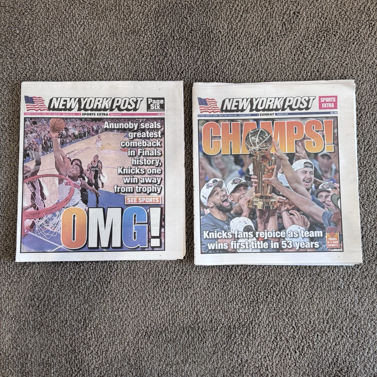 NY Post Knicks 2026 NBA Champions “Champs” & “OMG” Entire Newspaper – Lot of 2