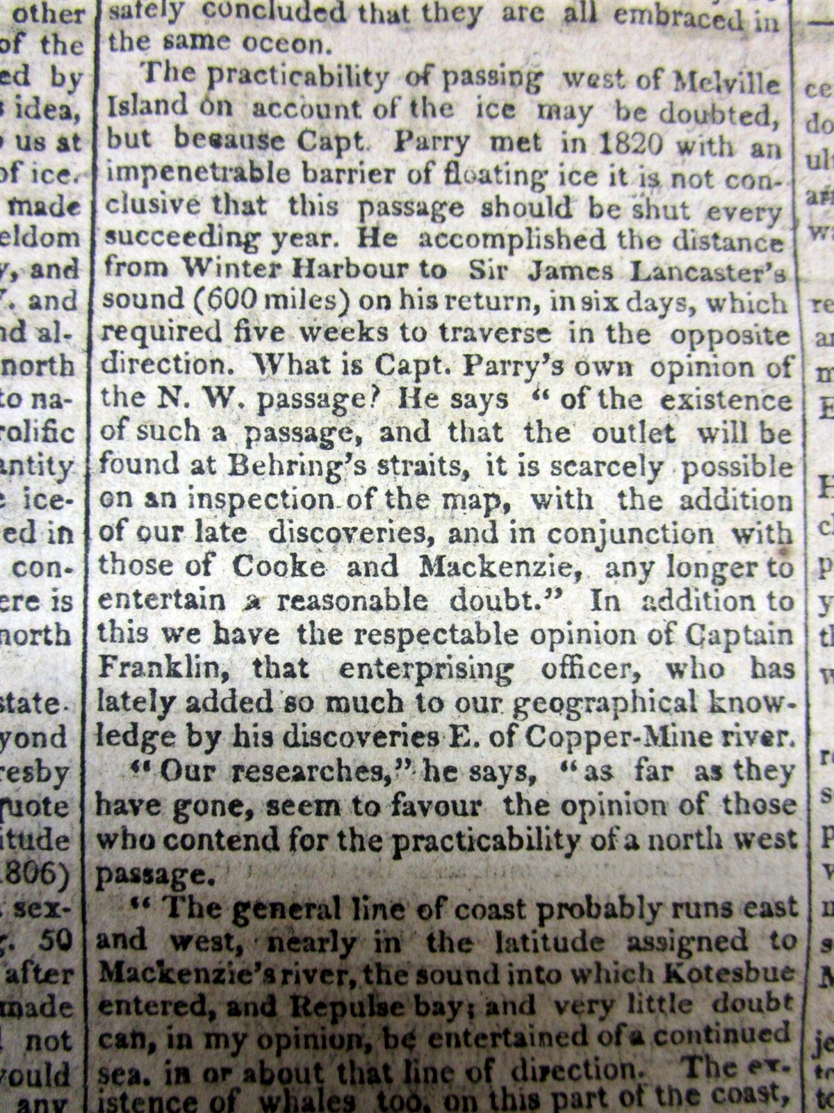1825 newspaper w long essay on the EARLY SEARCH for a maritime NORTHWEST PASSAGE