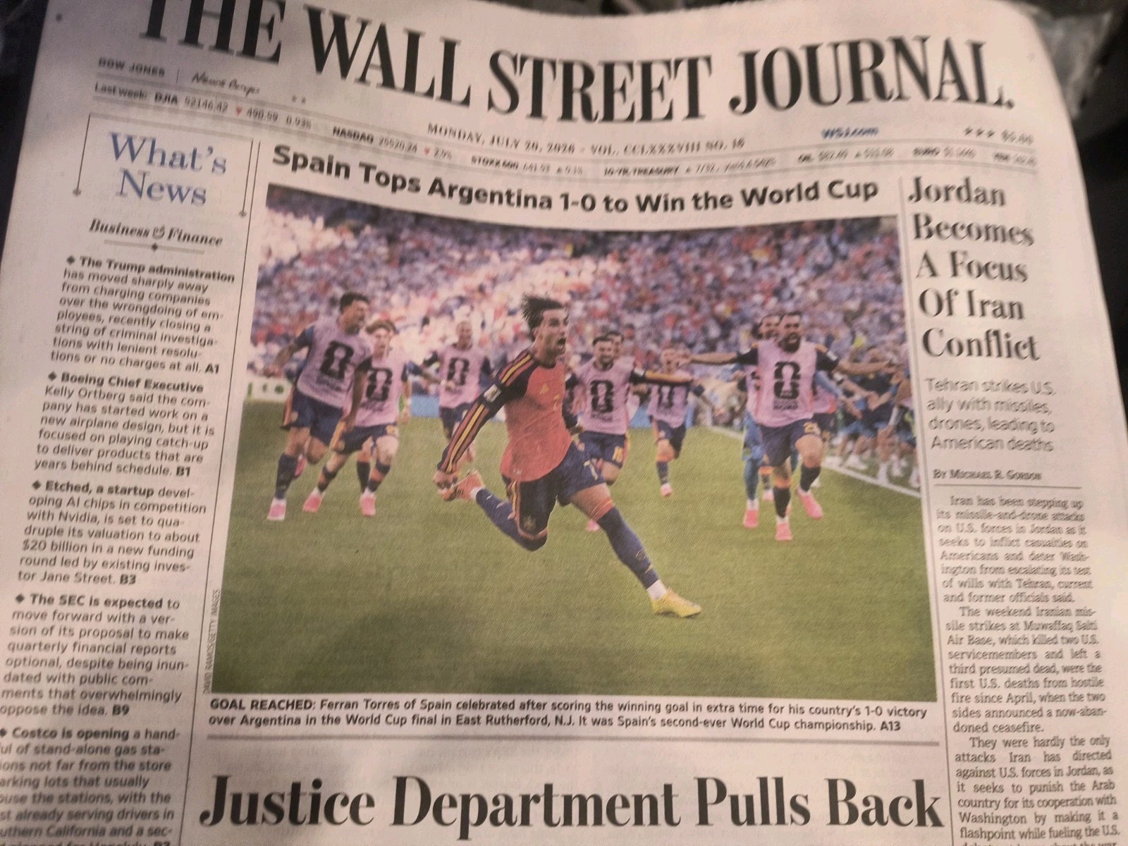 The Wall Street Journal Monday July 20 2026 Spain Tops Argentina 1-0 to Win the