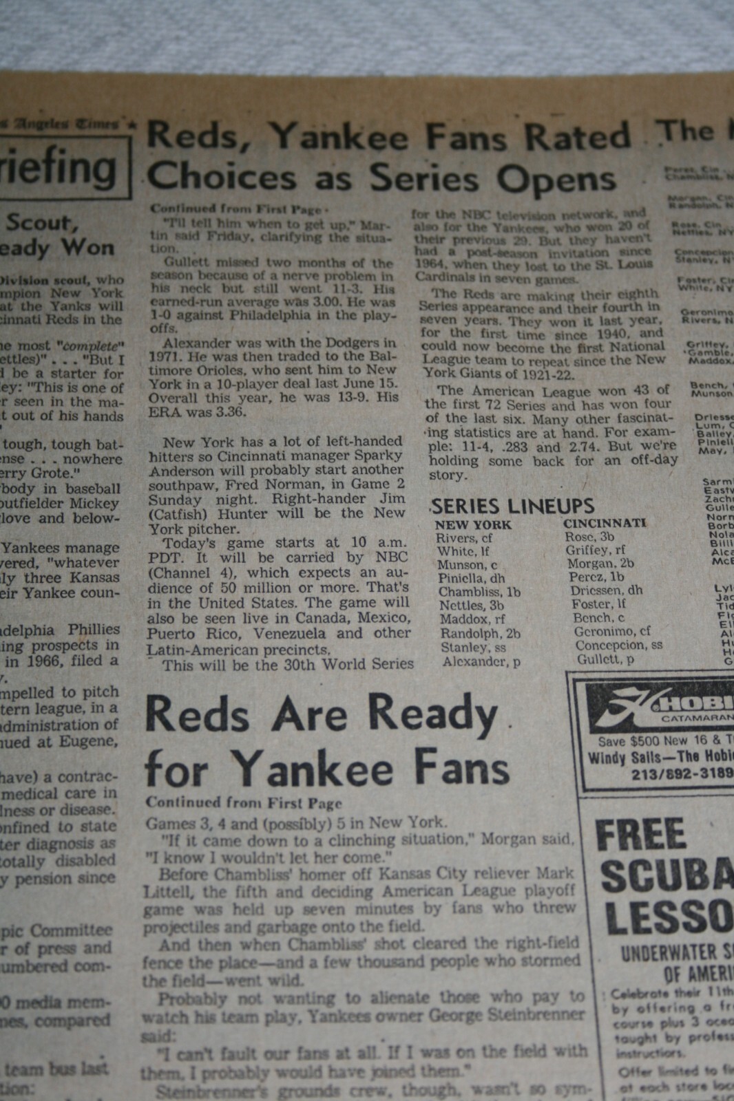 1976 LA Times Sports Section * World Series Cincinnati Reds vs New York Yankees