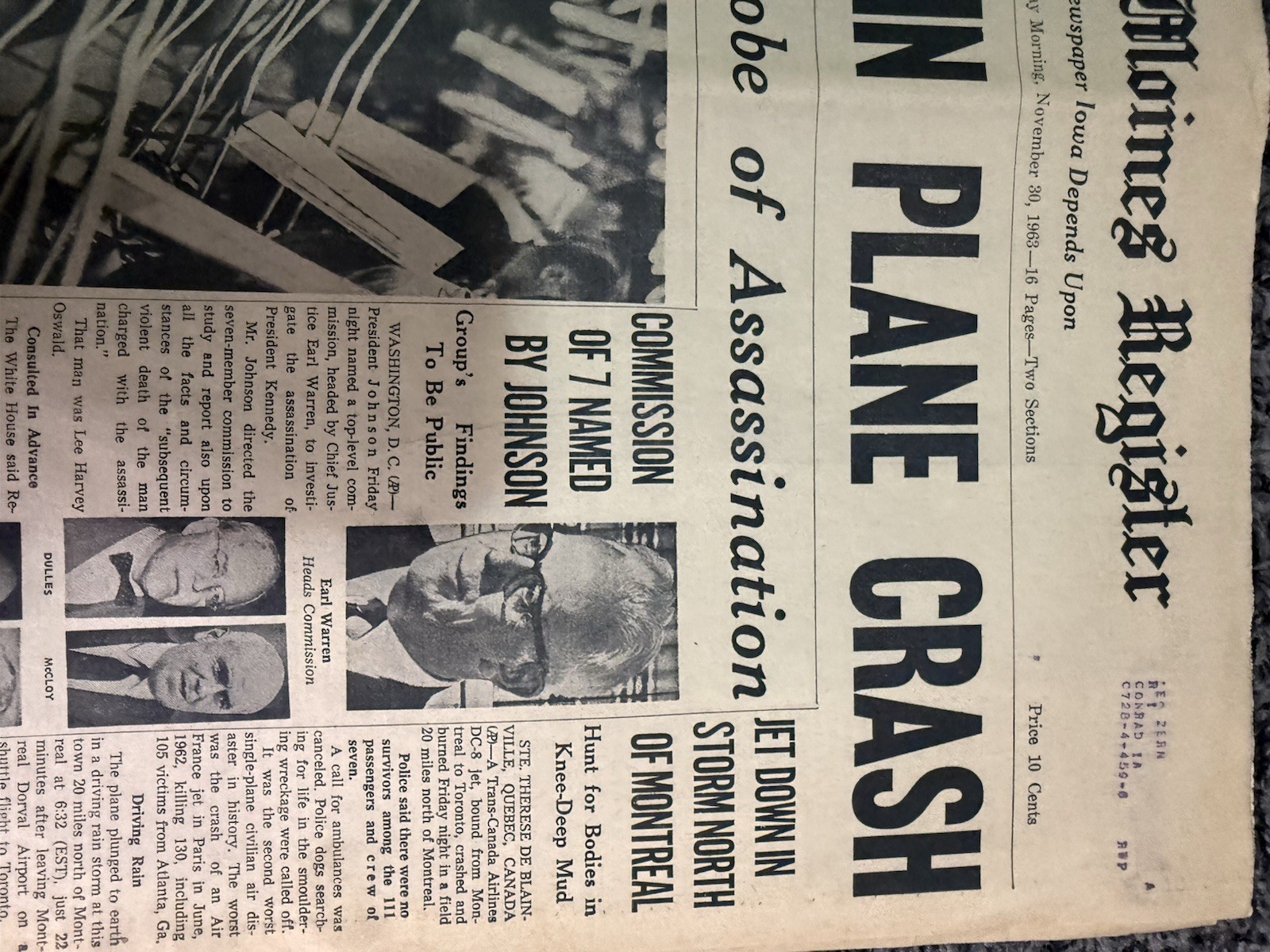 Des Moines IA Register Nov 1963 JFK Assassination Warren Commission Plane Crash