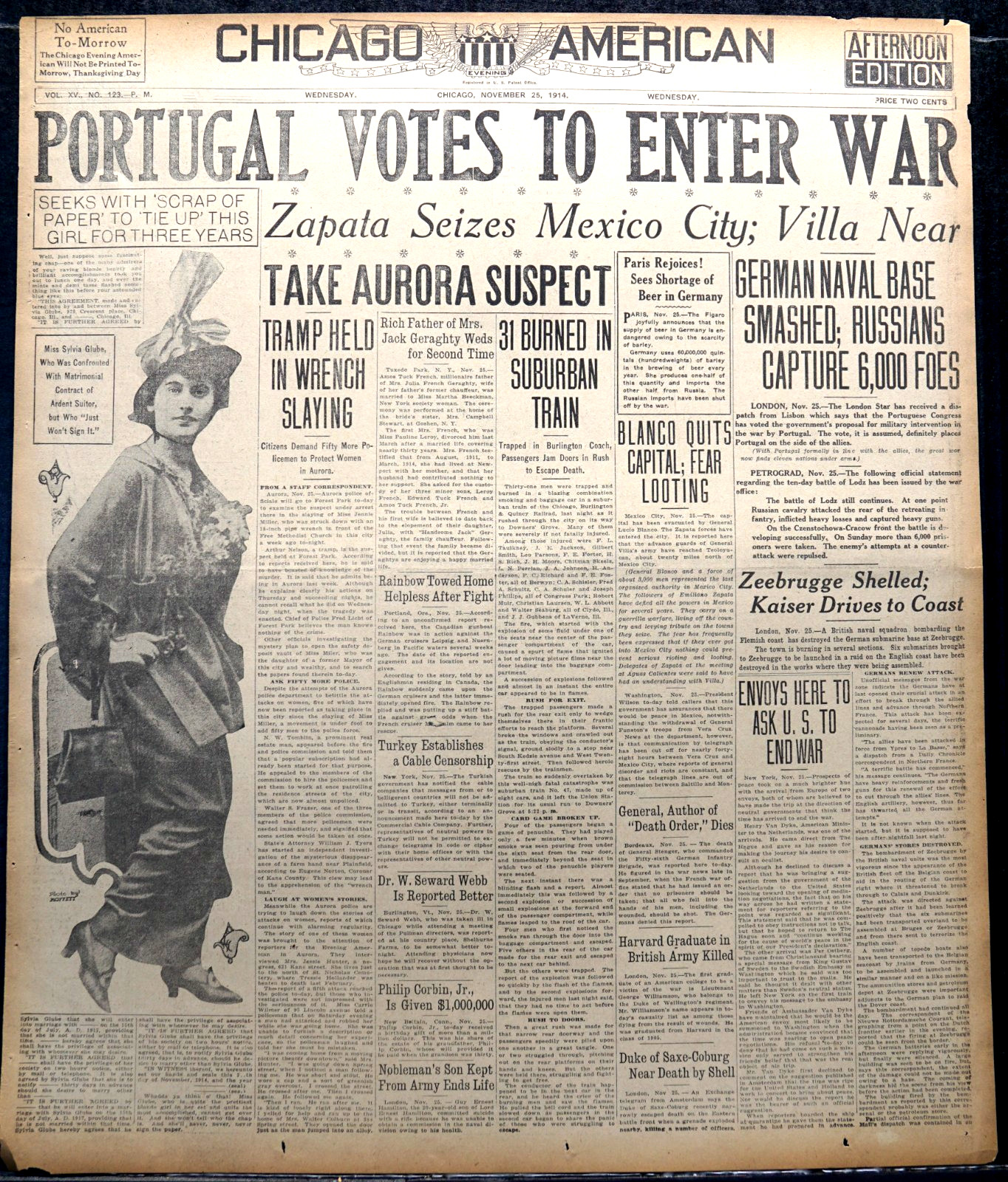 1914 Chicago Newspaper Front Page – Portugal Votes To Enter WWI, Pancho Villa