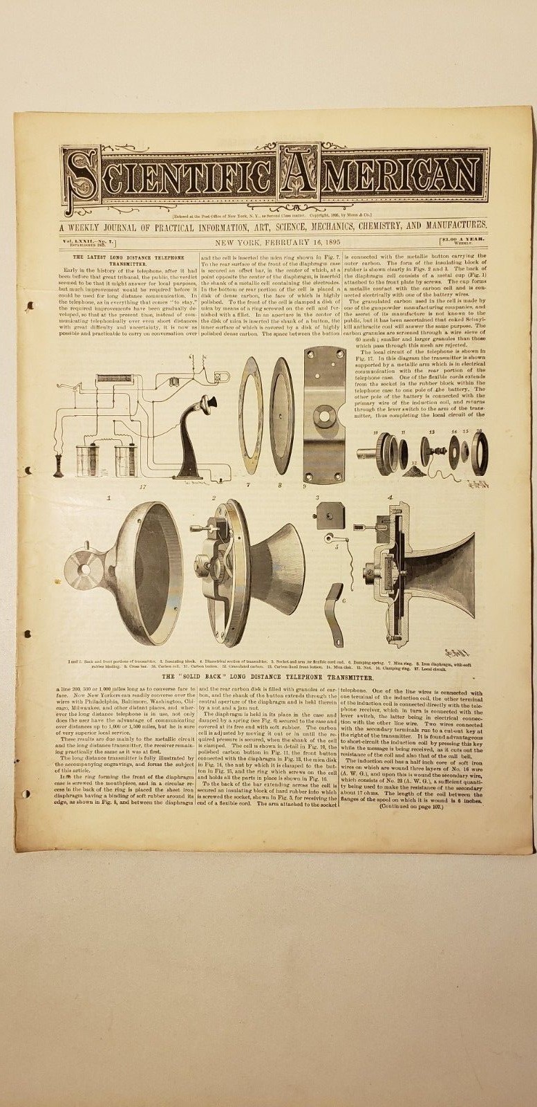 1895 SCIENTIFIC AMERICAN – ‘SOLID BACK’ LONG DISTANCE TELEPHONE TRANSMITTER