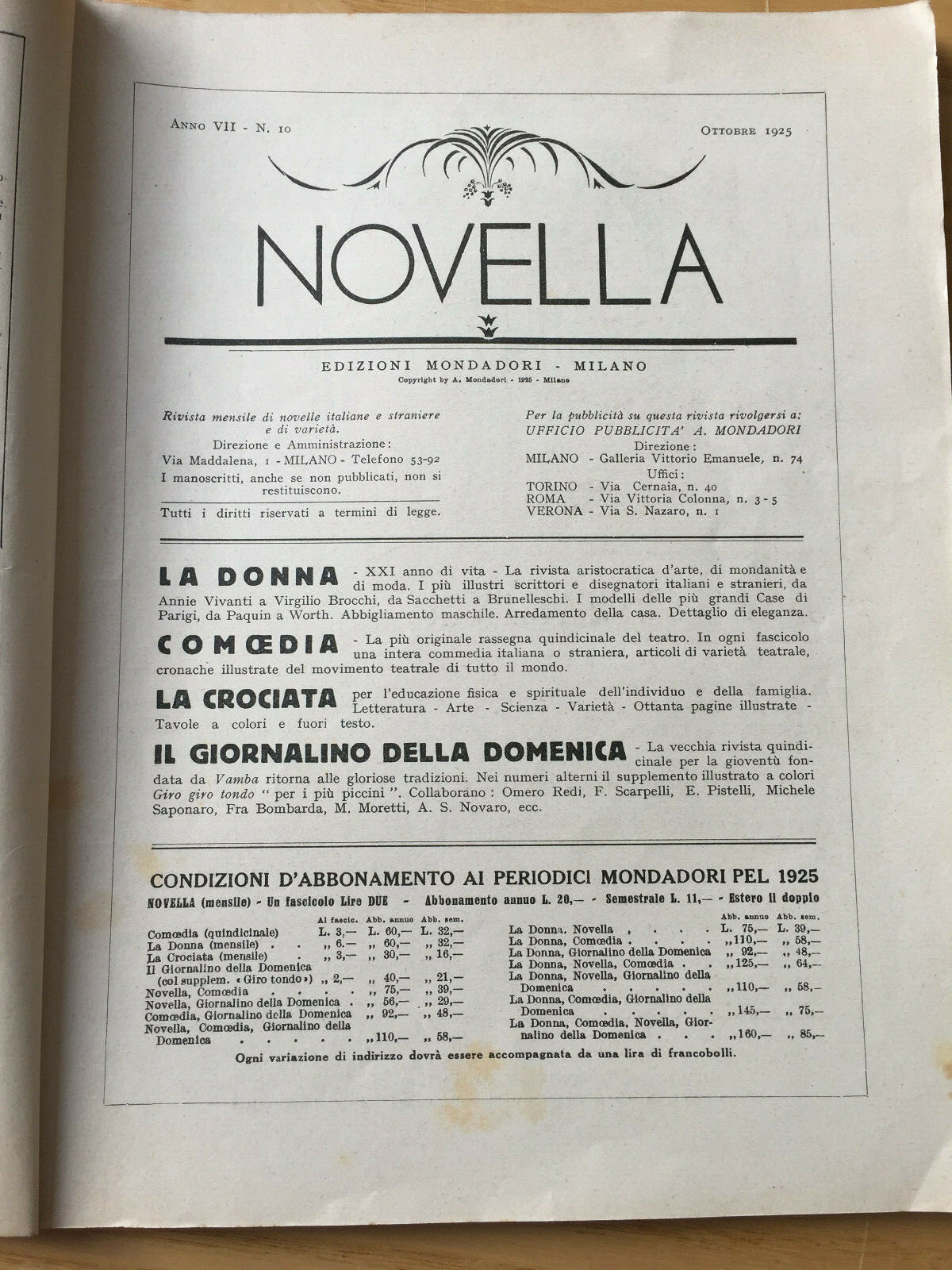 MONDADORI NOVELLA PERIODICAL ITALIAN WRITERS N° 10 1925 GOTTA CURCIO PANZINI