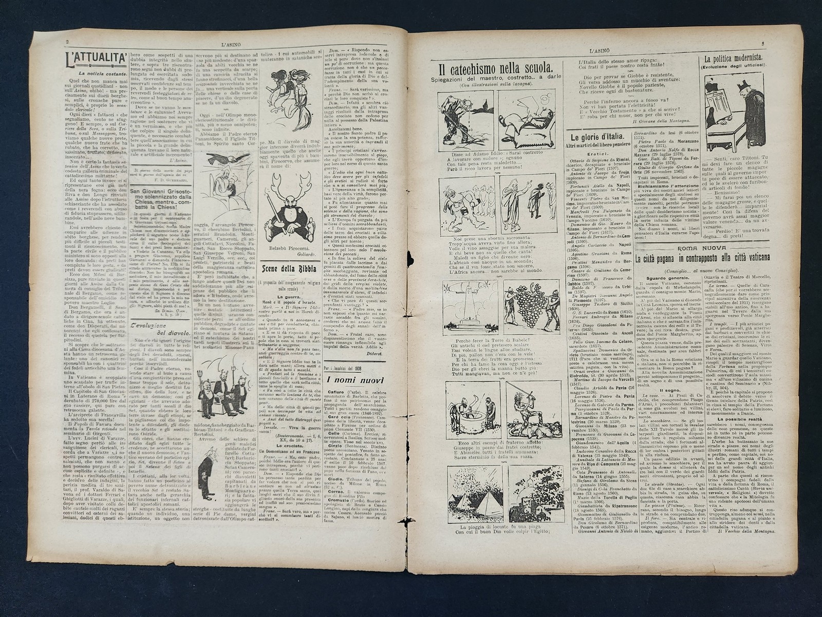 1908 antique L’ASINO socialist anti-catholic satire 4 issues ITALIAN NEWSPAPERS