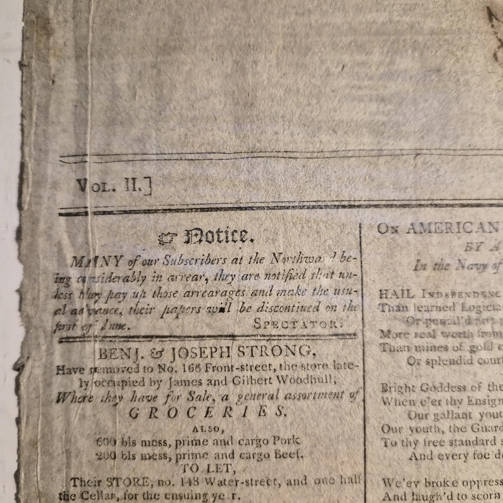 The Spectator Vol. II/2 Number 174 New York, Saturday May 25 1799 Newspaper