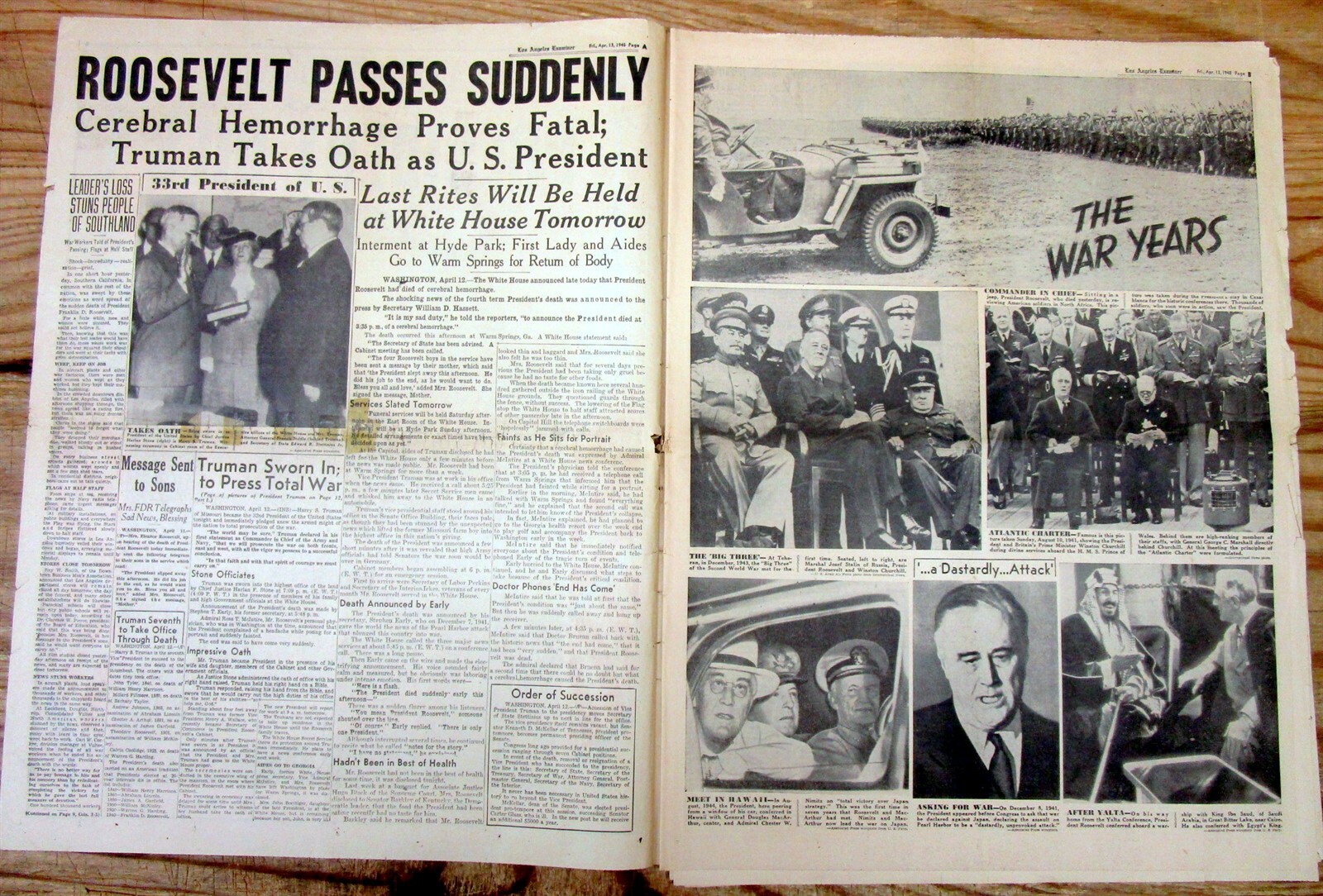 Best 1945 display newspaper President FRANKLIN D ROOSEVELT DEAD – w large photo
