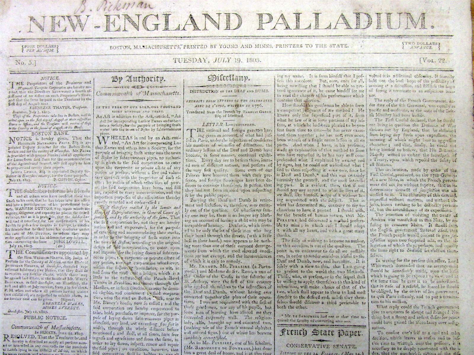2 1803 newspapers w early reports of THE LOUISIANA PURCHASE by Thomas Jefferson