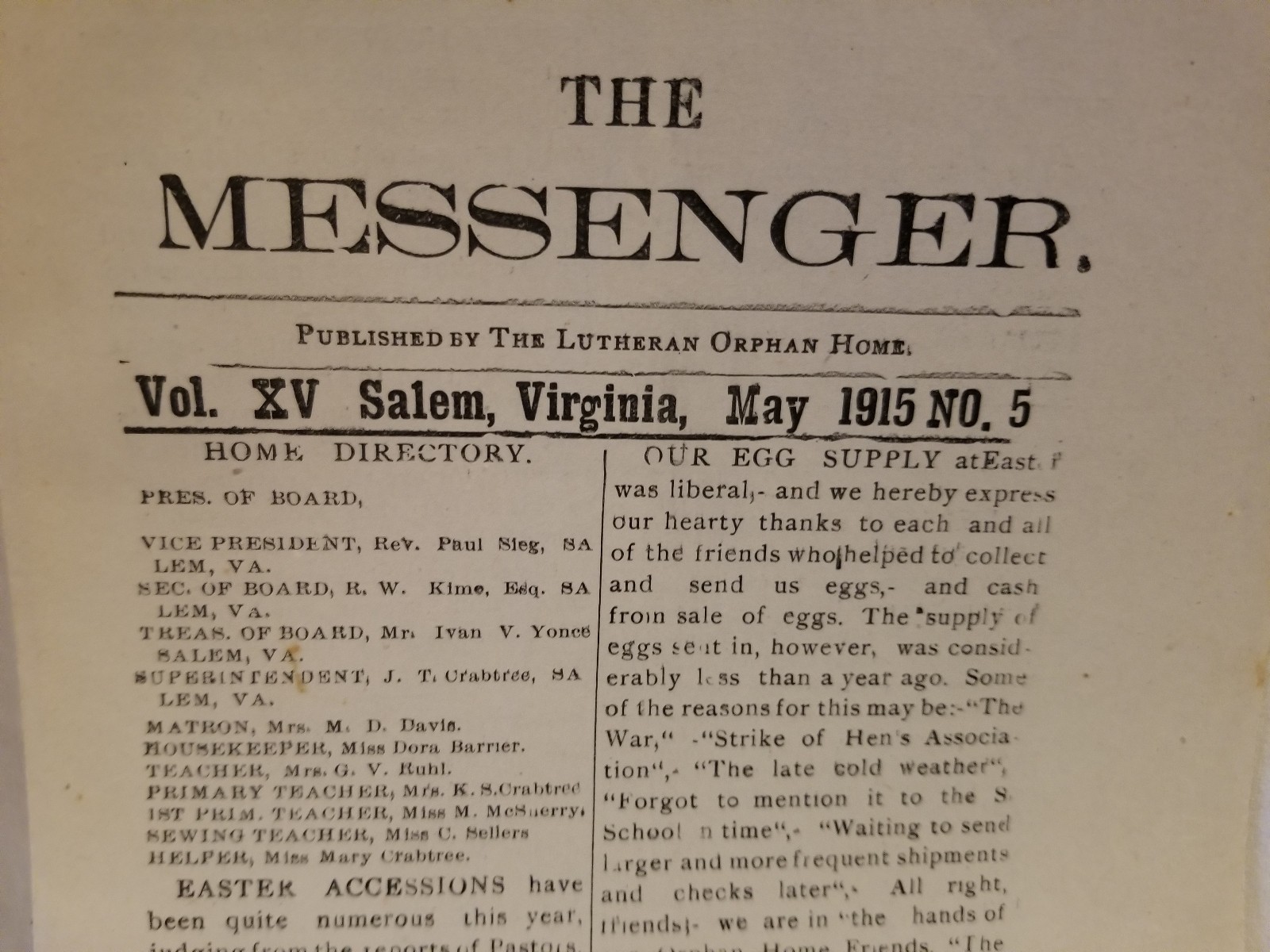 The Messenger 1915 Salem VA Lutheran Orphan Home Monthly Newsletter Vol XV No 5