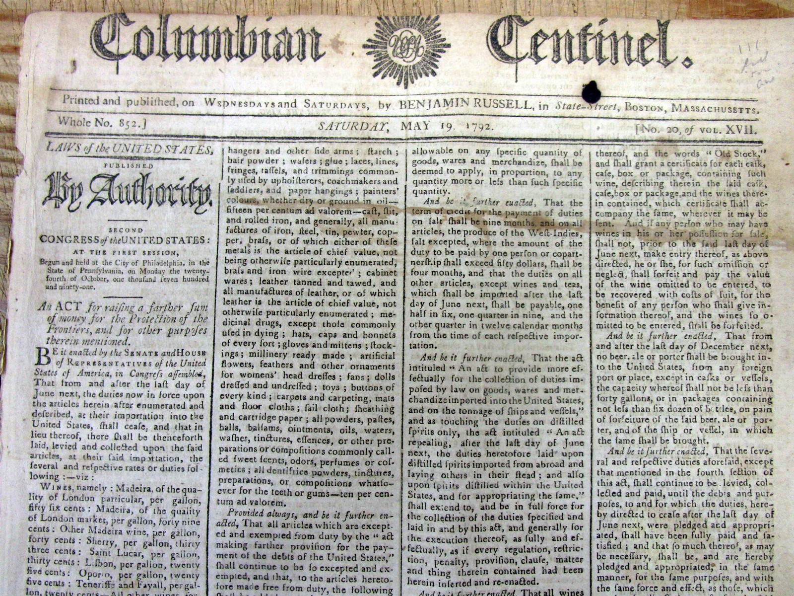 1792 newspaper GEO WASHINGTON signed Act FRONTIER US PROTECTION fm INDIAN ATTACK