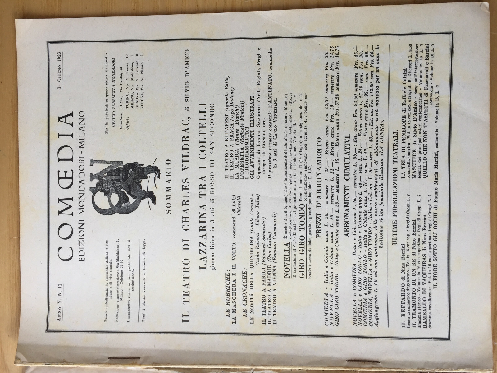MONDADORI COMEDIA PERIODICO COMEDIA E VITA THEATRALE N° 11 1923 S. D’AMICO 2/19