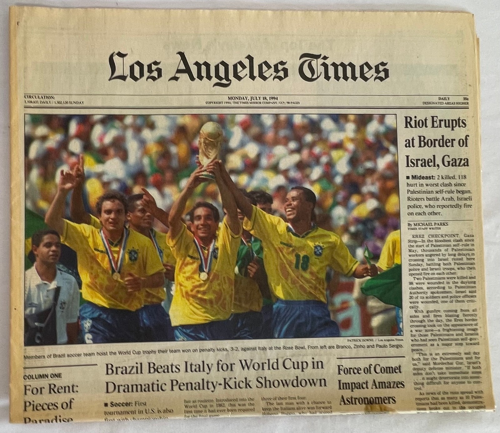 7/18/1994 World Cup USA Soccer *BRAZIL BEATS ITALY* LA Times Newspaper
