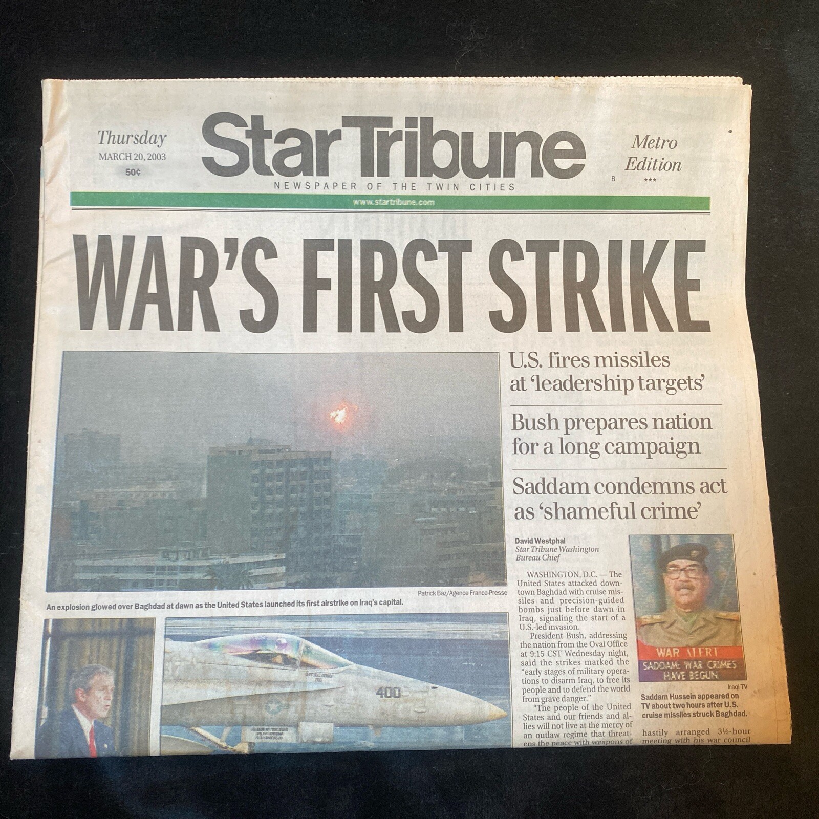 Historic Minnesota Star Tribune March 20, 2003 Iraq War – Section A ONLY