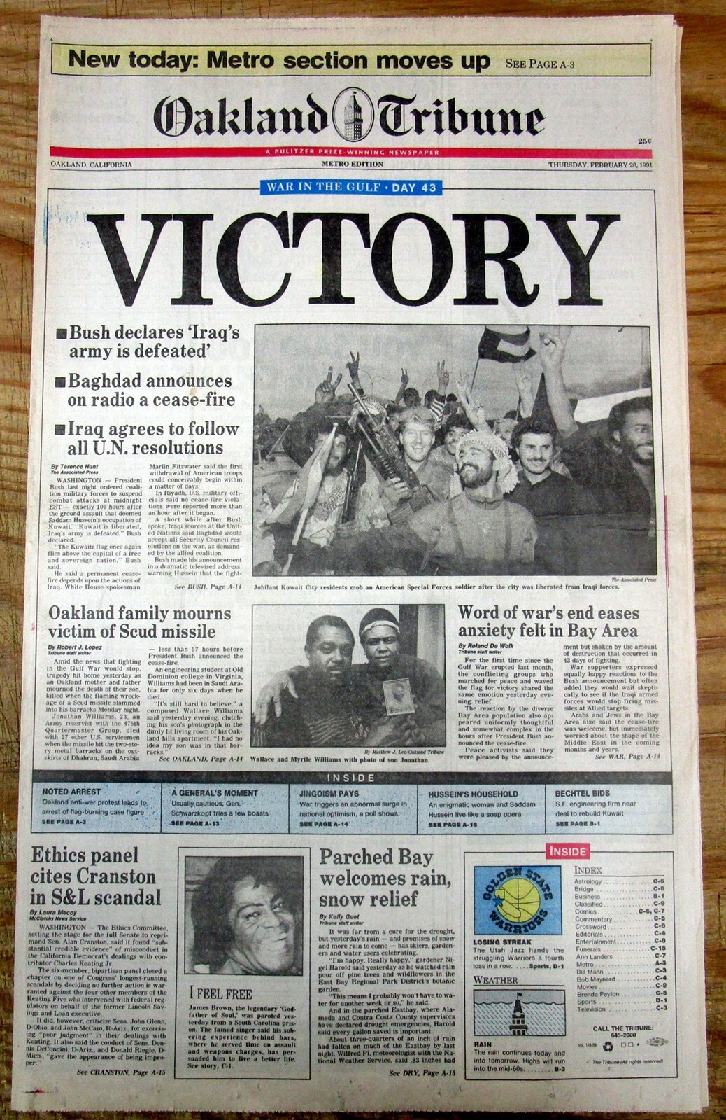 2 1991 newspapers US DECLARES VICTORY in 1st GULF WAR- KUWAIT LIBERATED frm IRAQ