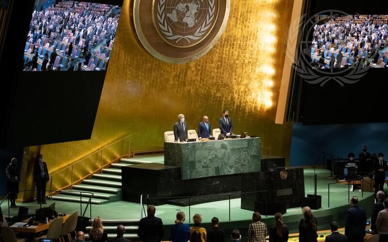 The General Assembly stands for a moment of silence during the first plenary meeting of the eleventh General Assembly Emergency Special Session on Ukraine.

At dais are, from left to right: Secretary-General António Guterres; Abdulla Shahid, President of the seventy-sixth session of the United Nations General Assembly, and Movses Abelian, Under-Secretary-General for General Assembly and Conference Management (DGACM).