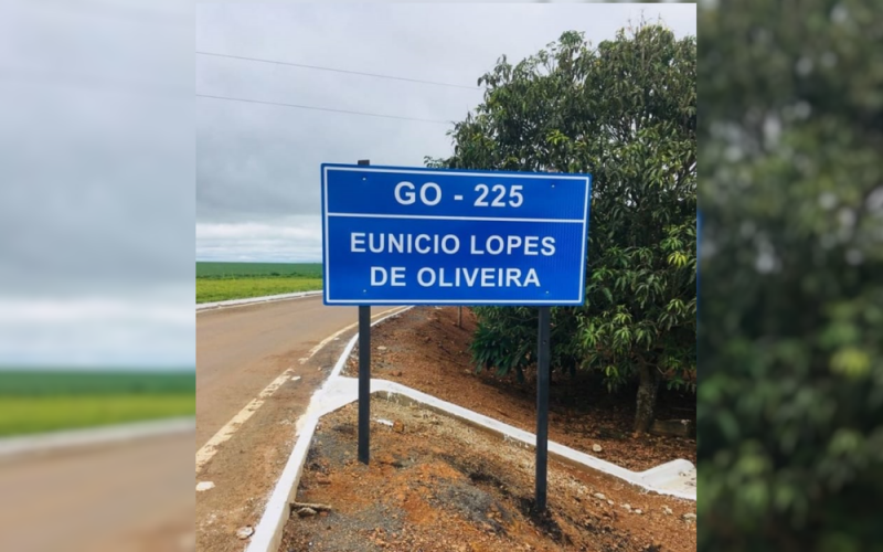 Placa em estrada indicava que trecho novo da GO-225 tinha nome de Eunicio Oliveira (MDB) (Foto: Filipe Coutinho/Buzzfeed)